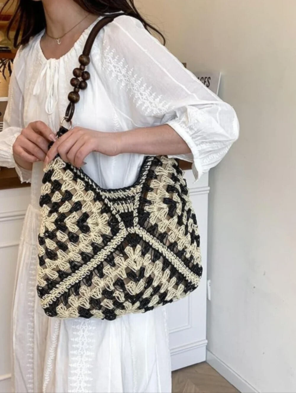 Woven Crochet Hobo Bag with Wooden Bead Handle - Black & Natural